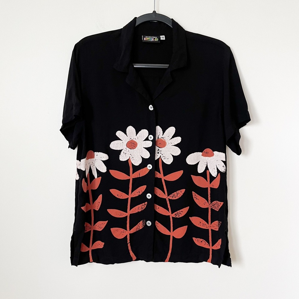 Big Bud Press Pantry Button Up Big Daisy Paintstamp Top Womens XS Black Orange
